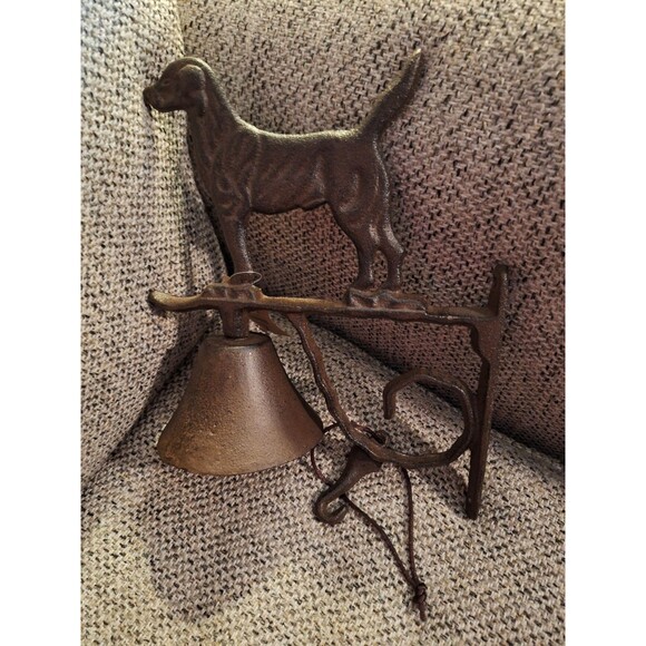 Dog Scroll Dinner Bell Cast Iron Wall Mounted Rustic Antique Brown Finish - Picture 2 of 7